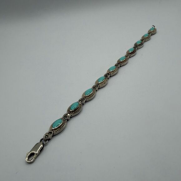 925 Sterling Silver Turquoise Bracelet 6.2 Inch Delicate Blue Stone Jewelry - Picture 5 of 7